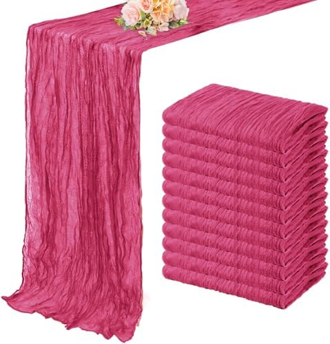 Hot Pink 12 Pack Cheesecloth Table Runner 10FT Boho Fabric Rustic Cheese Cloth Table Runner for Wedding 20 x 120 Inch Long Bridal Shower Baby Shower Gauze Sheer Birthday Party Table Decorations by FoliafeelHome