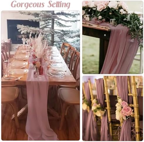 6 Pack 10Ft Dusty Rose Valentine's Day Chiffon Table Runner 29x120 Inches Sheer Fabric Table Runner Romantic Wedding Runner for Thanksgiving Christmas Bridal Shower Decorations （Dusty Rose） - Image 4