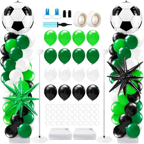 Kasyat 2 Sets Soccer Balloon Column Stand Kit with 4D Soccer, Green Black Star Foil and 100 Latex Balloons, Green White Black Arch Kit for Floor for Football Sports Party Decorations by Kasyat