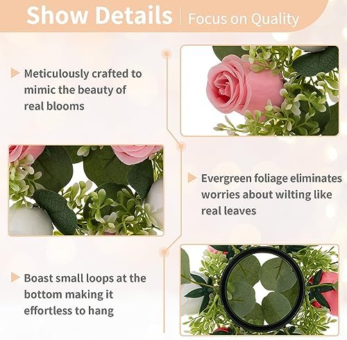 NUPTIO Flower Wreath for Table Centerpieces: 9.05 Inch Small Pink & White Candle Rings for Wedding Party Christmas Decorations - Rose Wreaths for Spring Summer Front Door Porch Decor 6 Pcs - Image 5