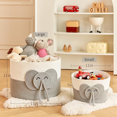 R RUNKA Large Elephant Cotton Rope Basket - Versatile Baby Hamper and Toy Basket, Perfect Basket for Baby Shower Gifts, Stylish Laundry Basket, Round Basket for Children's Storage (15"x15"x11") - Image 2