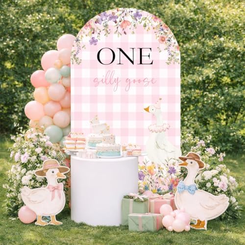 Arch Backdrop Cover One Silly Goose Baby Shower Girl Pink 1st Birthday Party Decors Spandex Stretchy Arch Stand Cover Plaids Cartoon Banquet Props (7.2FT,Floral) - Image 3