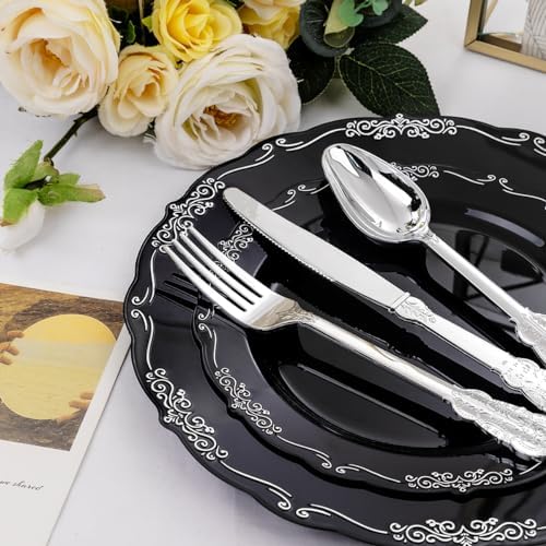 DaYammi 150 Pcs Black Silver Plastic Plates & Silver Plastic Silverware,Black silver Disposable plates for Include 30 Dinner Plate,30 Dessert Plate,30 Knives,30 Forks,30 Spoons for Party Wedding - Image 3