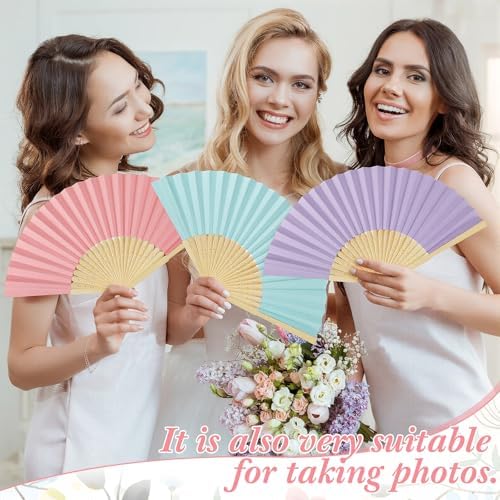 100 Pcs Wedding Folding Paper Fans for Guests Bamboo Folded Hand Fan with Gift Bags Vintage Paper Handheld Fans for Church Wedding Gift Bridal Shower Decorations (Pastel) - Image 5