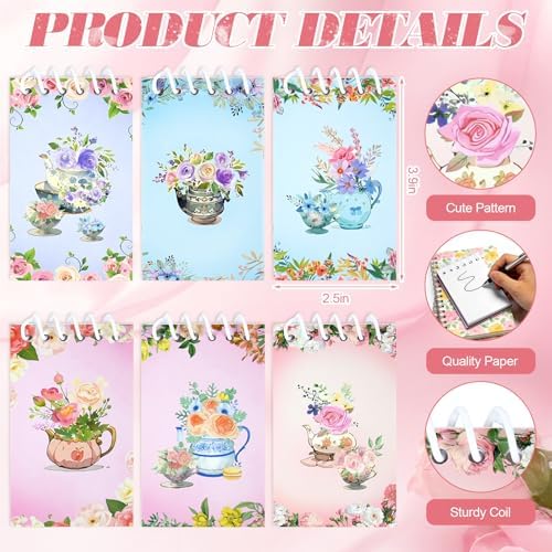 24 Pack Tea Party Favors for Guests Adults, Floral Notebook and Pen Set with Keychain & Gift Bag, Mini Tea Party Supplies for Bridal Shower Garden Party Birthday Wedding Office Gift, 6 Designs - Image 3