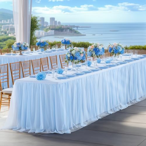 Baby Blue Tablecloth for 8 Foot Rectangle Tables Ruffle Tulle Table Skirt - Image 2
