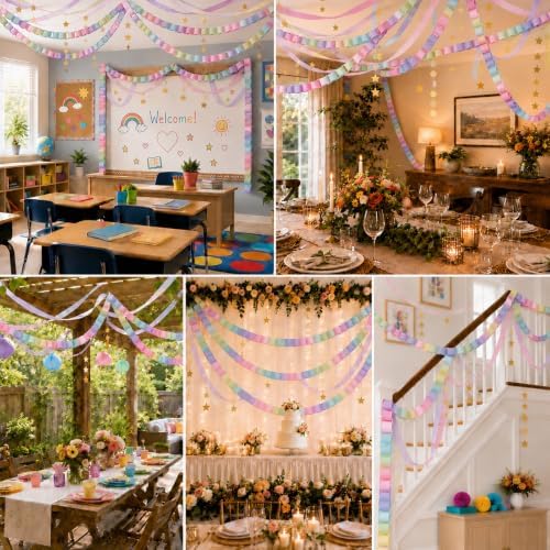 612 Pcs Paper Chain Garland Kit, 600 Sheets Pastel Paper Chain Strips with 6 Rolls Pastel Crepe Paper Streamers and 4 Mirror Star Garlands for Birthday Wedding Party Decorations - Image 6