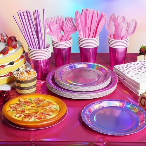 Iridescent Pink Party Supplies Decorations Serve100, Hot Pink Holographic Paper Plates and Napkins Set, Disposable Pink Paper Plates Cups Knives Spoons Fork for Mermaid Disco Kpop Birthday Party Decor - Image 6