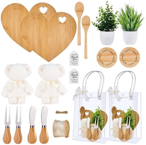 20Pcs Baby Shower Prizes for Game Winners Bamboo Cheese Board Fork Butter Spreaders Coasters Towel Artificial Potted Plant Gift Bag for Baby Shower Bridal Shower Favors (2 Sets, Bamboo Heart Shaped) by WishFond