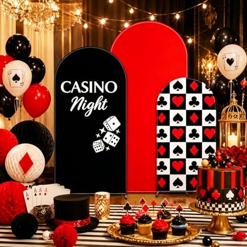FYSUIMU 3 Pcs Casino Night Arch Backdrop Covers Black Red Dice Playing Card Stretchy Spandex Arch Stand Fabric Cover for Vegas Themed Game Night Poker Birthday Party Decor (4ft/5ft/6ft) - Image 5