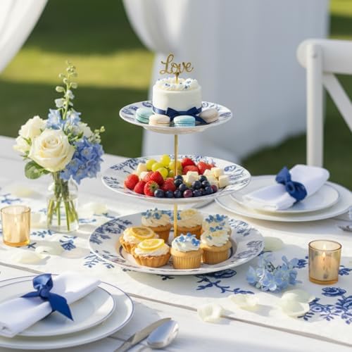 Lallisa Blue Floral 3 Tier Dessert Stand 10", 9" and 7" Ceramic Vintage Chinoiserie Tea Party Tiered Tray Cake Stand Display Holder Tower for Something Blue Before I Do Bridal Shower Decorations - Image 3