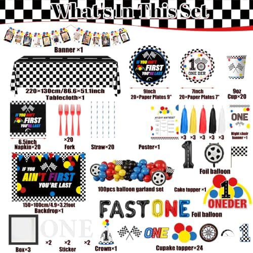 Fast One Birthday Decorations for Boys Racing Car First Birthday Party Supplies Tableware Cars Birthday Paper Plates Napkins Forks Backdrop Balloon Banner Balloon Boxes - Image 5