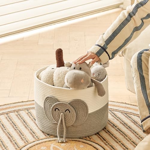 R RUNKA Large Elephant Cotton Rope Basket - Versatile Baby Hamper and Toy Basket, Perfect Basket for Baby Shower Gifts, Stylish Laundry Basket, Round Basket for Children's Storage (15"x15"x11") - Image 5