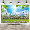 12x6ft Spring Backdrop Blue Sky White Cloud Photography Background Green Grass Flowers Butterfly Garden Fence Wedding Party Banner Decorations Birthday Baby Shower Portrait Photo Booth Prop by ASDCXZ