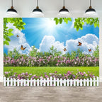 12x6ft Spring Backdrop Blue Sky White Cloud Photography Background Green Grass Flowers Butterfly Garden Fence Wedding Party Banner Decorations Birthday Baby Shower Portrait Photo Booth Prop by ASDCXZ