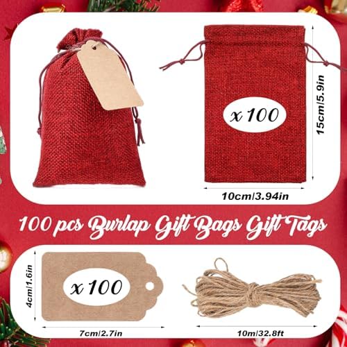 Woanger 100 Pcs Drawstring Burlap Gift Bags 4x6'' with Tags, Red - Image 2