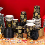 Whaline 50 Pcs 16 Oz Happy New Year Disposable Coffee Cups with Lids and Sleeves Black-Gold Firework Paper Drinking Cup for Chinese Spring Festival Party Supplies - Image 4