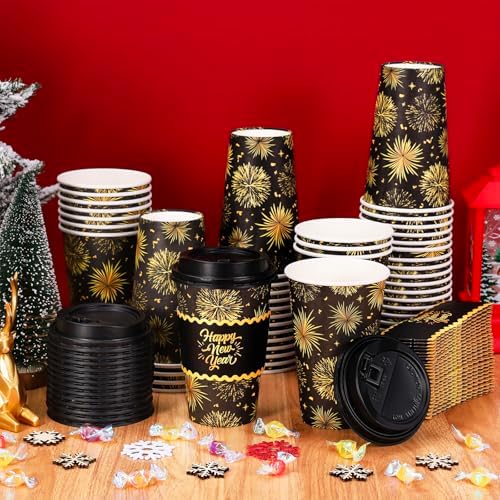 Whaline 50 Pcs 16 Oz Happy New Year Disposable Coffee Cups with Lids and Sleeves Black-Gold Firework Paper Drinking Cup for Chinese Spring Festival Party Supplies - Image 4