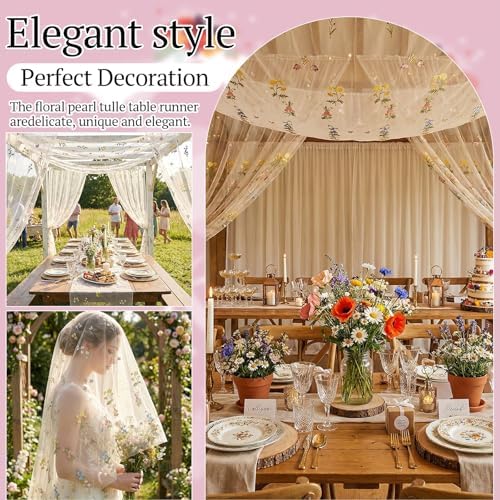 Lounsweer 3 Pcs Apricot Wildflower Table Runner 10ft Embroidery Tulle - Image 4