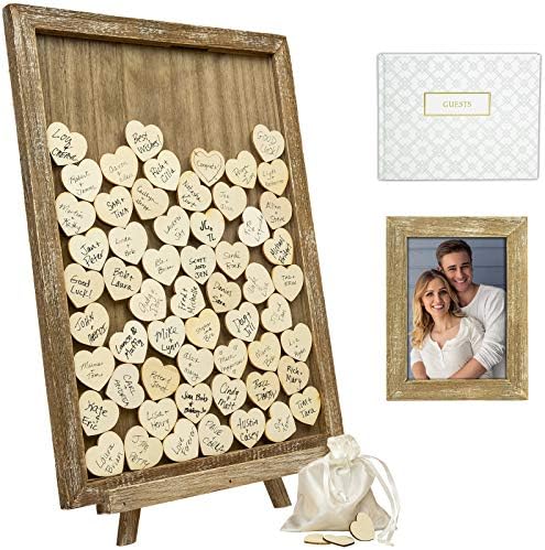 EXCELLO GLOBAL PRODUCTS Wedding Guest Drop Top Frame Wedding Guest Book Alternative With 70 Blank Wooden Hearts, a Traditional Guest Book, Picture Frame, and Display Easel (RUSTIC BROWN WOOD) by ExcelloGlobalProducts