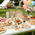 200Pcs Brown Party Plates and Napkins, 9’’ Disposable Scalloped Khaki Paper Plates and 7’’ Dessert Plates Cups Napkins Forks Party Supplies for Birthday, Wedding, Baby Shower Decorations, Serves 40 - Image 3