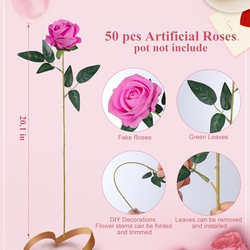 50 PCS Hot Pink Roses Artificial Flowers, Fake Roses with Stem Realistic Silk Rose for DIY Wedding Bouquets Table Centerpieces Arrangements Baby Shower Anniversary Birthday Home Decor Gift for Her - Image 5
