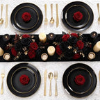 YOUBET 125PCS Black Plastic Plates with Gold Rim - Image 6