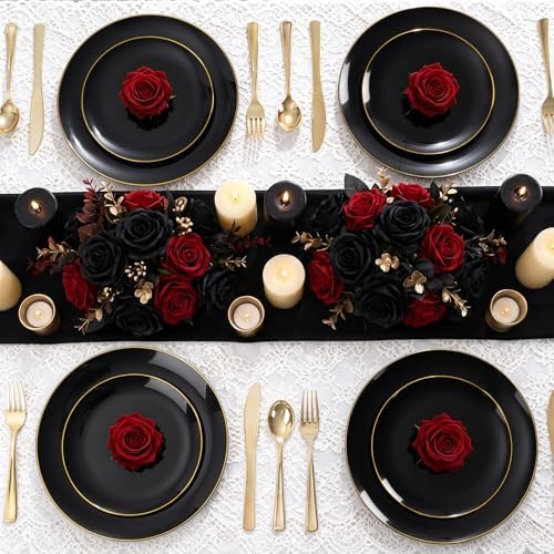 YOUBET 125PCS Black Plastic Plates with Gold Rim - Image 6