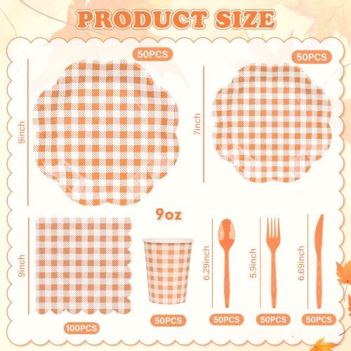 400 Pcs Fall Gingham Party Supplies for 50 Guests Orange and White Scalloped Paper Plates Napkin Cup & Cutlery Disposable Checkered Dinner Party Set for Thanksgiving, Halloween, Fall Wedding, Birthday - Image 2
