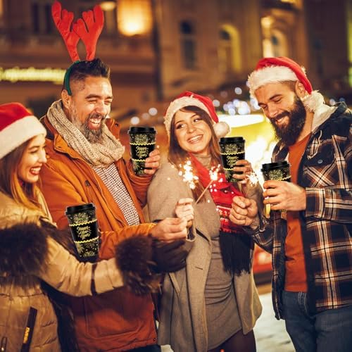 Whaline 50 Pcs 16 Oz Happy New Year Disposable Coffee Cups with Lids and Sleeves Black-Gold Firework Paper Drinking Cup for Chinese Spring Festival Party Supplies - Image 7