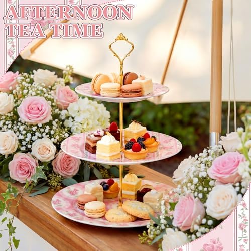 Lallisa 3 Tier Tea Party Cake Stand 10", 9" and 7" Ceramic Shabby Floral Dessert Stand with Metal Rack Coquette Cupcake Tower for Wedding Bridal Shower Baby Shower Decoration - Image 2