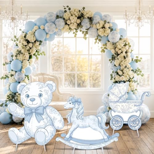 3Pcs Blue Toile de Jouy Baby Shower Decorations, Blue Bear Rocking Horse Carriage Cardboard Cutouts Gender Reveal Photo Booth Props Corrugated Plastic Nursery Toile De Jouy Decor Birthday Party by Unknown