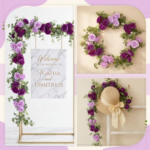 Riceshoot 4 Pcs 26 ft Artificial Eucalyptus Vines Garland with Flowers Faux Floral Greenery Garlands Rose Wreath for Wedding Party Arch Table Decor Backdrop Decorations (Purple) - Image 5