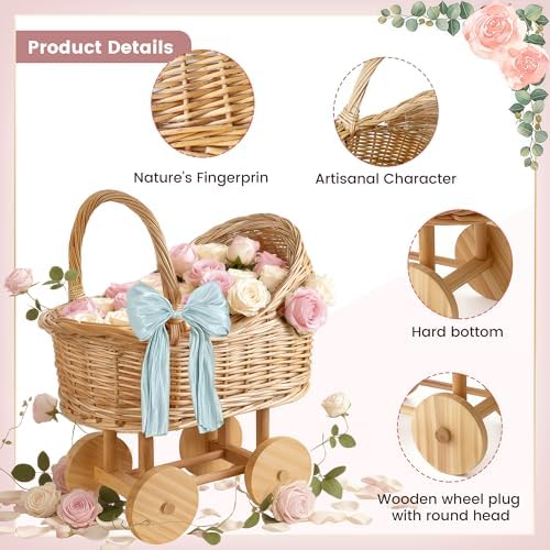 12 Inch Woven rattan baby stroller baskets, vintage rattan flower cart, wicker stroller carriage for baby shower,wedding and gift decorations, pushcart-style decorative flower stands - Image 5