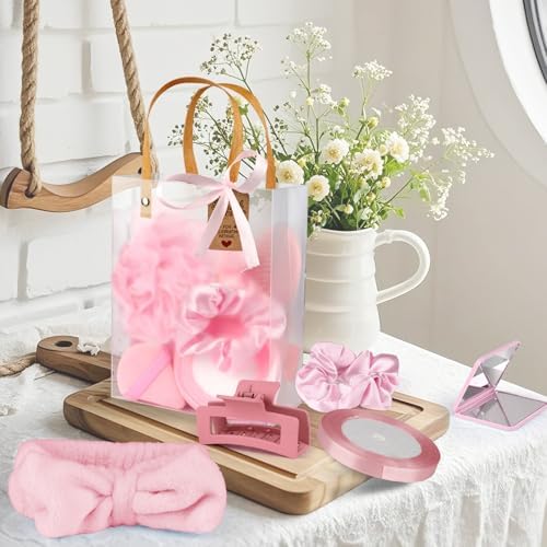 OINETRK 109pcs Baby Shower Prizes for Winners Gifts Baby Shower Favors including Headband Hair Brush Compact Mirror Bath Sponges Powder Puff Hair Tie Claw Makeup Brushes Gift Bag Bridal Shower(Pink) - Image 5