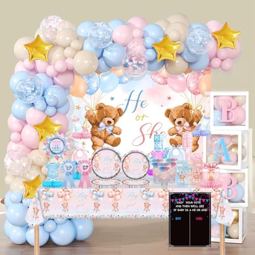 Bear Gender Reveal Decorations - 108pcs Pink Blue Balloon Garland Kit,2 Daddy and Mommy To Be Tinplate Badge Pin,stickers,plates and napkins,4pcs Baby Box With Letters,Boy or Girl Party Supplies by Unknown