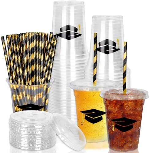 Whaline 50Pcs 12Oz Graduation Disposable Plastic Cups with Lids and Straws Black Graduation Cap Cold Beverage Drinking Cups for Congrats Grad Party Supplies by Whaline