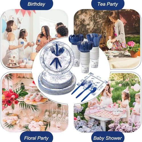 Ziliny 350 Pcs Blue White Floral Party Supplies Serves 50 Disposable Paper Blue Flower Paper Plates Napkins Cups Plastic Cutlery Vintage Floral Tableware Set for Wedding Birthday Bridal Tea Party - Image 4