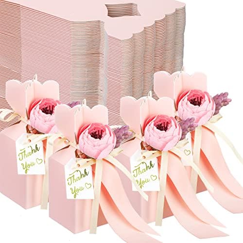 TaoBary 50 Pcs Wedding Favor Boxes with Flower Thanks Card Ribbon, Pink by TaoBary