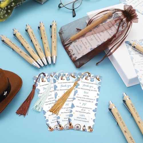Gilprop 50 Sets Baby Shower Favors for Guests Includes 50 Baby Shower Ballpoint Pens 50 Thank You Bookmarks 50 Organza Bags for Gender Reveal Gifts Guest Prizes(Cowboy,Blue) - Image 2