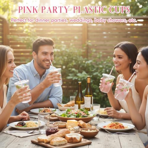 LemonRoad 100sets 16oz Pink Bow Cups Pink Birthday Party Decorations Supplies Cute Plastic Cups Disposable with Lids and Straws for Valentines Galentines Day Christmas Wedding Baby Shower Decorations - Image 7