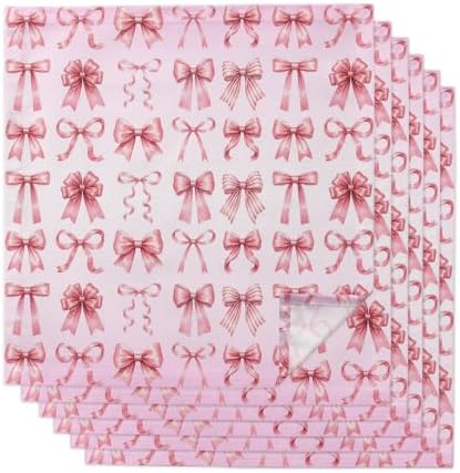 Pink Ribbon Bow Cloth Napkins Set of 6, Fantasy Sweet Bows Modern Abstract Washable Reusable Dinner Cocktail Napkin for Kitchen Party Wedding Banquet Holiday Baby Shower Table Decor by PIEPLE