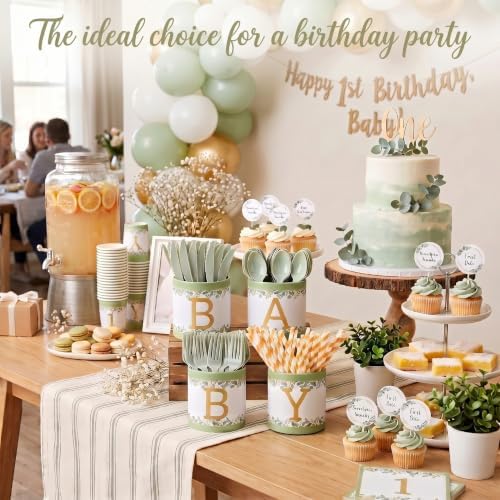 Domensi 204 Pcs Baby Shower Disposable Cutlery Set Utensil Holders, Green - Image 6