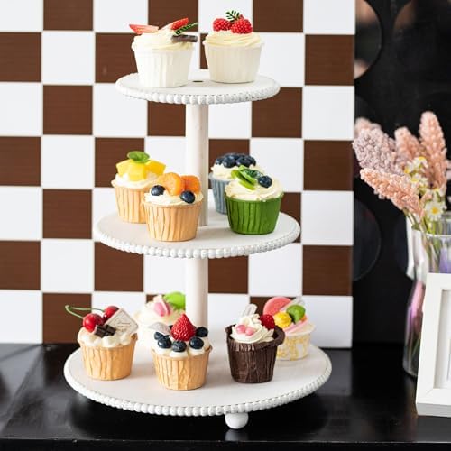 3-Tiered Cupcake Stand, White Wooden Beaded Cupcake Tower for Home Decoration, Farmhouse Cake Stand 3-Tiered Tray for Display Birthday Wedding Baby Shower Tea Party Decor - Image 3