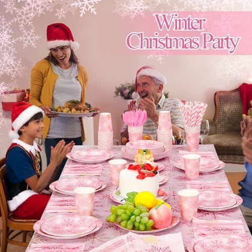 Funnymoom 452 Pcs Pink Gold Winter Snowflake Party Supply 50, Plate Cup Set - Image 4
