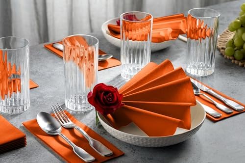 Linen-Feel Orange Paper Napkins - Decortive Cloth-Like Disposable Dinner Napkins - Soft And Absorbent Napkins for Thanksgiving, Party, Wedding, Bathroom Or Any Occasion. (Pack of 100) - Image 2