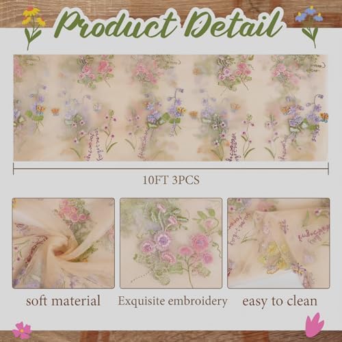 Champagne Floral Table Runner 10ft Embroidery Tulle Spring Wildflower Table Runner Seasonal Summer Butterfly Kitchen Dining Gauze Decoration for Wedding Baby Shower Birthday Party (3 Pcs) - Image 2
