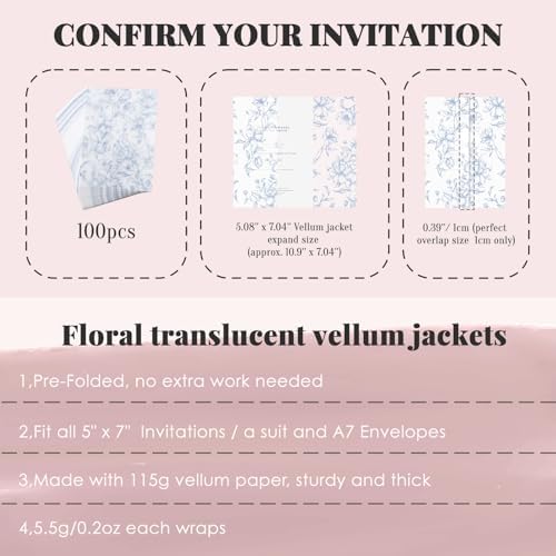 UNIQOOO 100 Pack Pre-Folded Dusty Blue Grace Bloom Vellum Jackets for 5x7 Invitations, 115GSM Transparent Vellum Jacket for Vintage Themed Wedding & Events - Image 3