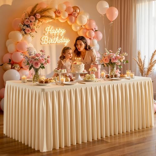 Dark Champagne Polyester Table Cloths for Rectangle 8 Foot Tables, 6 Pack Wrinkle Free Tablecloths Stretchy Banquet Ruffle Fitted Table Cover Desk Skirt for Parties Wedding Birthday Baby Shower - Image 3