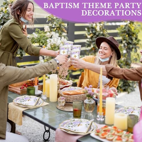 Ziliny 250 Pcs God Bless Baptism Party Tableware Set for 50 Guest First Holy Communion Decorations Purple Eucalyptus Leaves Paper Plates Napkins and Cups for Christening Baby Shower Religious - Image 4